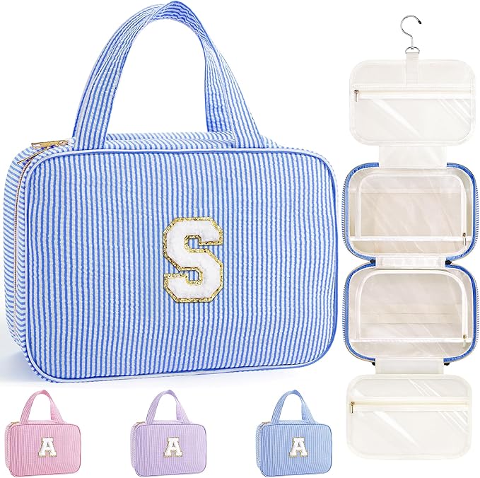 TOPEAST Travel Toiletry Bag Makeup Bag - Hanging Toiletry Bag for Women, Portable Toiletries Travel Bag and Cosmetic Bag, Airplane Travel Essentials Travel Toiletry Bag - Letter S, Blue
