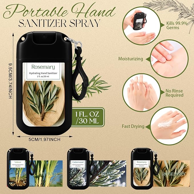 Set of 3 Power Mist Hydrating Hand Sanitizer Spray Bulk with Keychain Travel Size Refreshing Hand Sanitizer 1 Fl. oz Compact Spray Bottle Vetiver Cedarwood Rosemary Scent for Men Friends Gifts