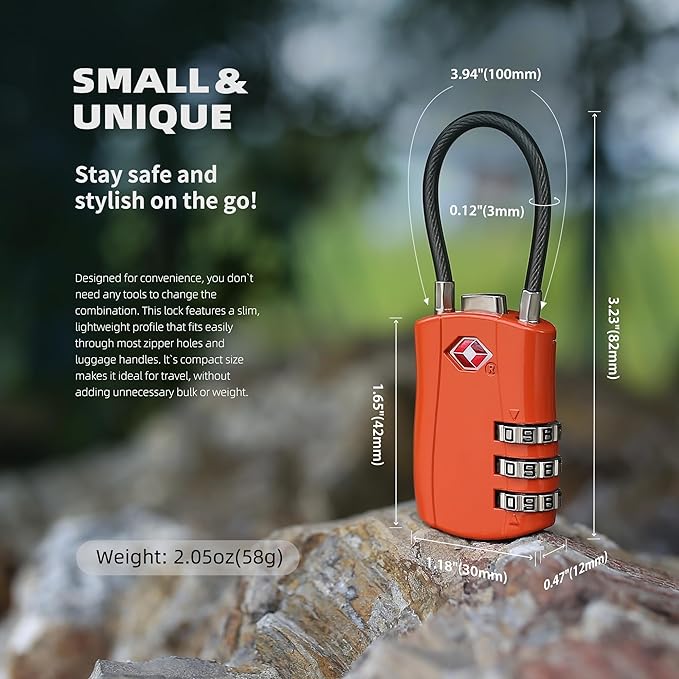 Luggage Locks TSA Approved, Small Padlock Combination, TSA Locks for Luggage, Suitcase, Travel Essentials, Combo Padlock with Cable, for Backpack, Bag, Zipper, Locker, Case, Box (2-Pack)