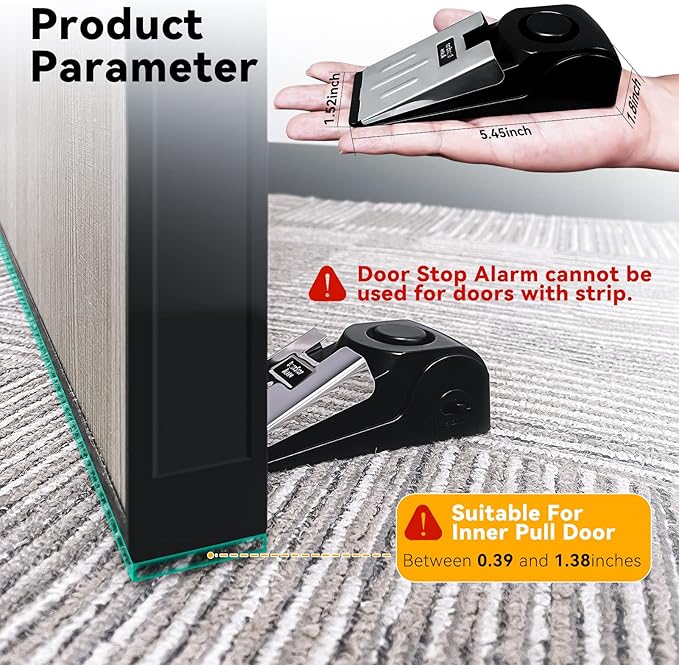 AceMining Door Stop Alarm with 120dB Siren, Floor Mount Type, Rubber Security Door Wedge for Home, Hotel, Travel, Pack of 2, Black