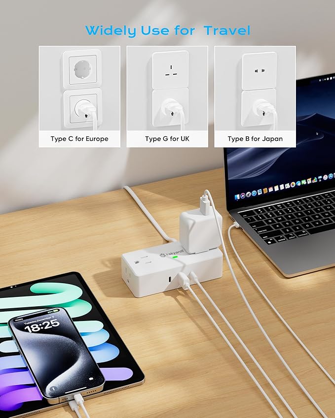 Kakyanill European Travel Plug Adapter, EU/UK/JP Plug Adapter, 4 AC Outlets, 3 USB Ports (2 USB C), 5ft Flat Extension Cord, Compact for Travel