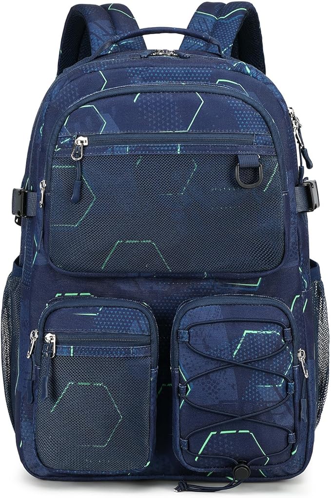 Lohol Multi-Pocket Backpack for School College Travel, Heavy Duty Big Bookbag with 15.6 inch Laptop Compartment (Navy Geometry