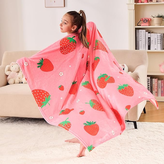 Wajade Kids Pink Strawberry Throw Blanket for Girls Teens Women Soft Fuzzy Flannel Bed Blanket for Kids Adults Plush Christmas Birthday Gifts 50”x60”