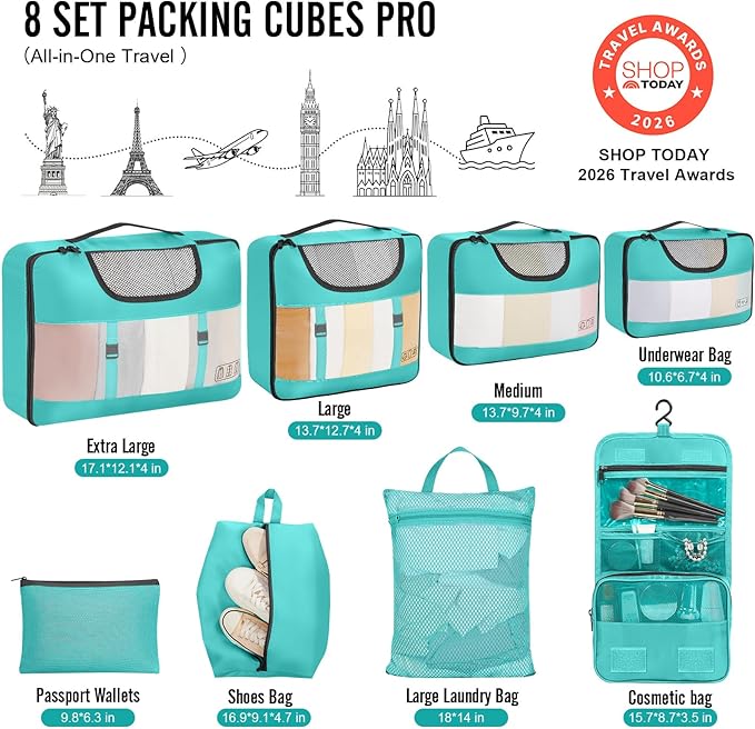 Veken 8 Set Packing Cubes for Travel Essentials, Suitcase Organizer Bags in 4 Sizes, Carry-On Luggage Accessories with Large Laundry Bag & Passport Holder, Must-Have for Airplane, Road Trip & Camping
