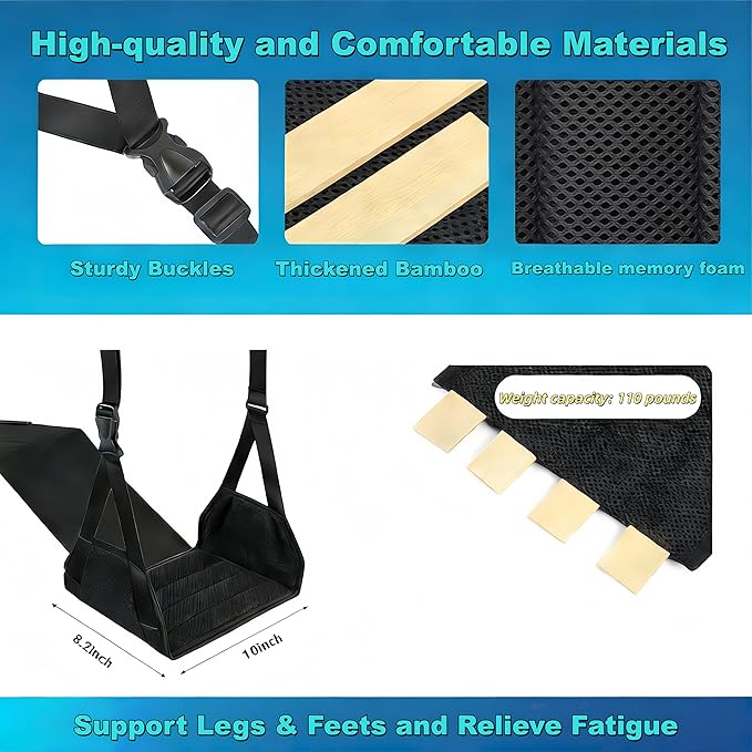 Portable Airplane Foot Hammock, Height Adjustable Feet & Leg Rest for Plane Travel, Office, Desk, Bus, Train, Long Trip (Black)