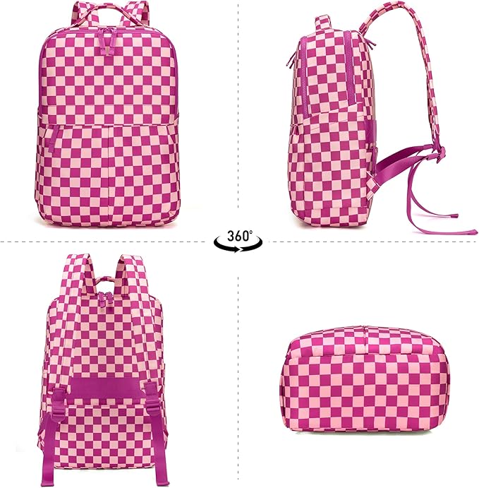 Checkered Backpack for Women Fashion Backpacks with Laptop and Multi Compartment for Travel and Work Rose Red Check
