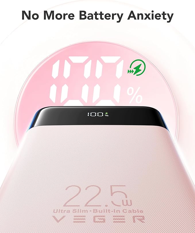 VEGER Portable Charger, Ultra Slim 22.5W Fast Charging with Built in Cable, Flight-Safe 10000mAh USB C Power Bank Battery Pack, Travel Essential Phone Powerbank for iPhone 17 16 Samsung S25 Google etc