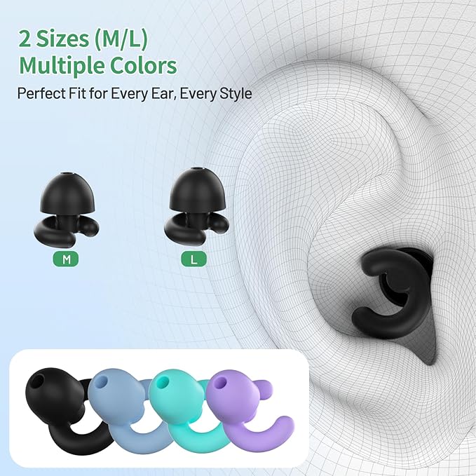 Noise Cancelling Ear Plugs for Sleep, Small Ear Fit - No-Pain for Side Sleepers, 33dB NRR Reusable Silicone One-Piece Design, 2 Sizes for Adults & Kids, Portable Case (Black, 2 Pair)