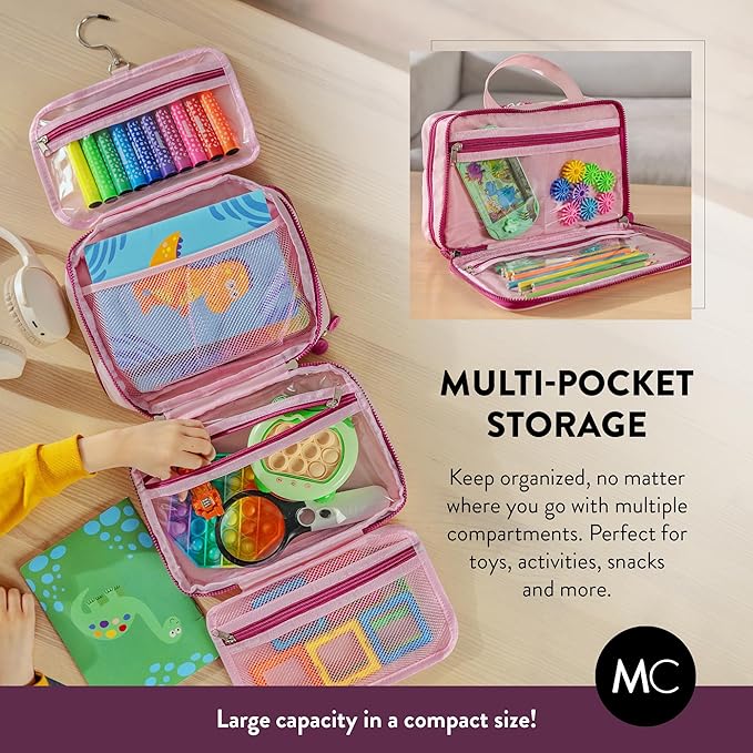 Kids Travel Organizer – Multi-Compartment, Water-Resistant Hanging Bag for Toys, Snacks, & Activities - Compact, Lightweight Design with Hook & Carry Handle - Perfect for Travel Use (Pink, Small)