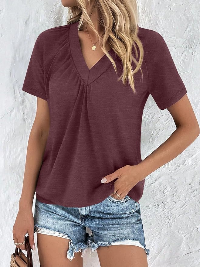 AUTOMET Womens Tops Short Sleeve V Neck T Shirts 2026 Summer Spring Beach Vacation Clothes Casual Loose Ruched Top