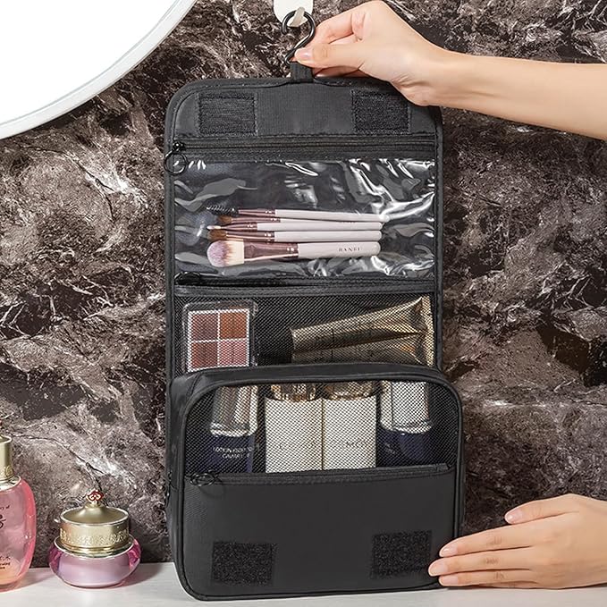 Travel Toiletry Bag for Women, Hanging Toiletry Bag with Multi-Pockets, Toiletry Bag for Traveling Easy Clean, Travel Organizer Black