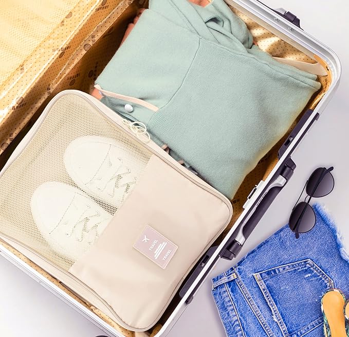 Travel Shoe Bags 2 Pcs of Shoe Organizers Set for Suitcase Hold 3 Pair of Shoes Waterproof Shoe Packing Cubes for Travel and Daily Use Storage Pouch with Handle (Grey+Beige)