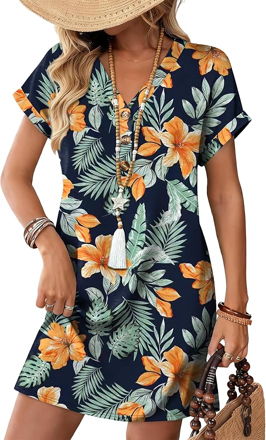 WIHOLL Summer Dresses for Women with Sleeves Midi Dress Button Down Beach Vacation Casual Dresses Fashion Clothing