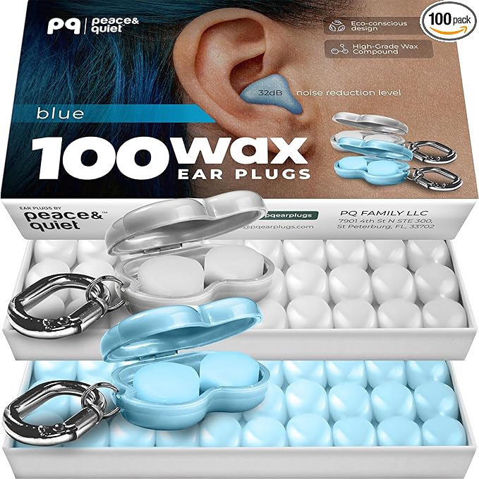 Peace&Quiet | PQ 100 Wax Ear Plugs for Sleeping - Silicone Wax Earplugs for Sleeping and Swimming, Gel Ear Plugs for Noise Cancelling, Sleeping Earplugs, Sound Blocking 32 Db (100 Pillows), White Blue