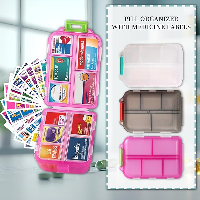 iouwei Large Pill Organizer with Medicine Labels, Travel Daily Pill Container, Mini Medication Organizer, 7-Day Pill Case, Set of 3 (Pink+White+Grey)