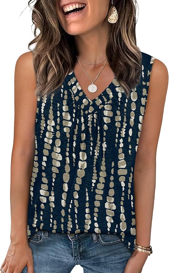 OFEEFAN Tank Top for Women Loose Fit Sleeveless Shirts V Neck Summer Clothes Ruched Women's Tees and Tanks Curved Hem