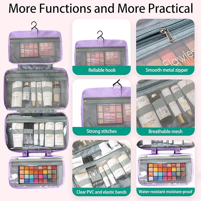 Toiletry Bag for Women Chenille Letter Makeup Bag Water-resistant Cosmetic Bag Travel Bag with Hanging Hook Preppy for Store Toiletries Cosmetic Accessories Medium Purple