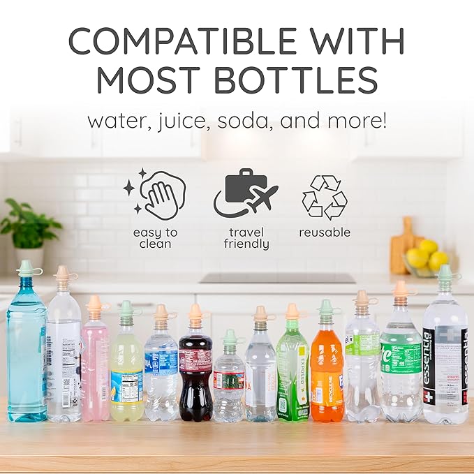 Kiddikap Original Water Bottle Topper for Toddlers – 100% Silicone Sippy Top Spout with Protective Cap makes the Bottle Top a Spill Proof Lid for Kids and Adults - 4 Pack - Pastel