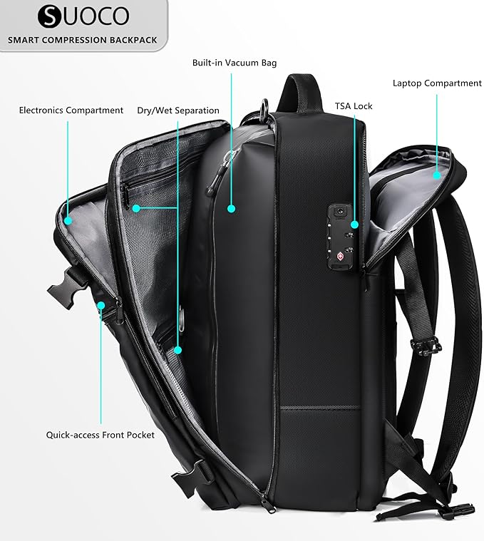 SUOCO Travel Vacuum Backpack with Portable Electric Pump, 45L Carry On Compression Seal Travel Backpack with Vacuum System, Traveling Packing Luggage Suitcase, Pink