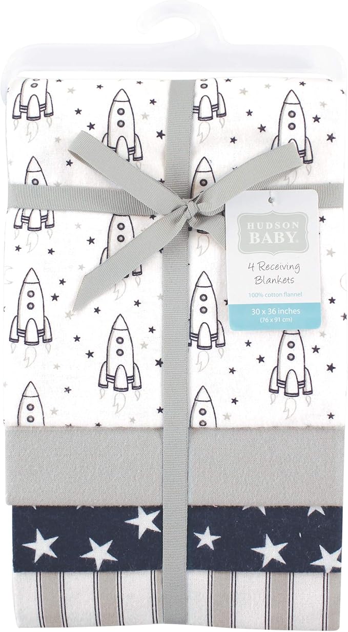Hudson Baby Unisex Baby Cotton Flannel Receiving Blankets, Rocket Ship, One Size
