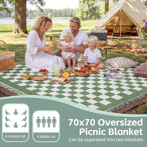 2 in 1 Extra Large Outdoor Picnic Mat Woven Summer Throw Blanket Boho Giant Beach Travel Essential Yoga Accessories Park Patio Lawn Garden Grass Ground Play Music Festival Concert Must Have