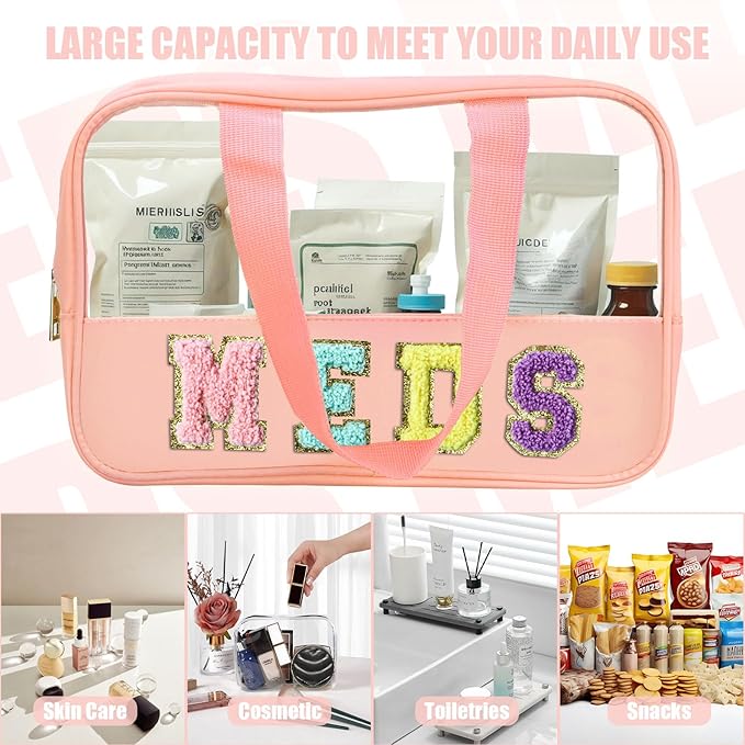 BuyCard Chenille Letter Patch Clear Travel Bags, Preppy PVC&Nylon Makeup Bag with Handle and Zipper, Waterproof Large Clear Travel Toiletry Bag Storage Bag for Women Girls