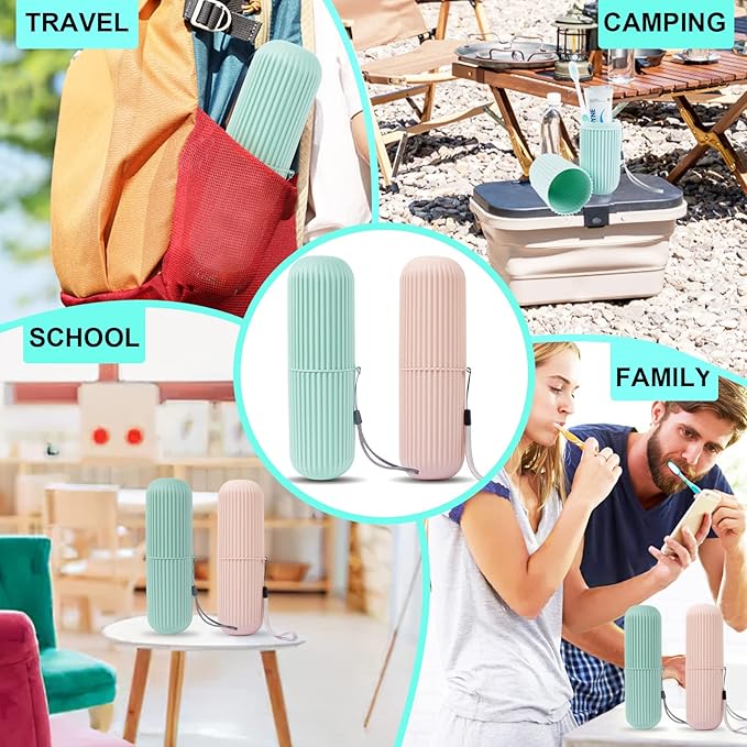 UCEC Travel Toothbrush Case, Toothbrush Holder Travel, Toothbrush Case for Traveling, Camping, Home, School, Business, Bathroom, 7.7" x 2.36" x 2.36" for Soft Toothbrush Up To 7.4 inch (Green, Pink)