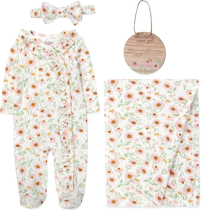 Newborn Baby 4 Piece Coming Home Outfit Gift Set – Footie Sleeper, Blanket, Headband & Ornament for Boys & Girls