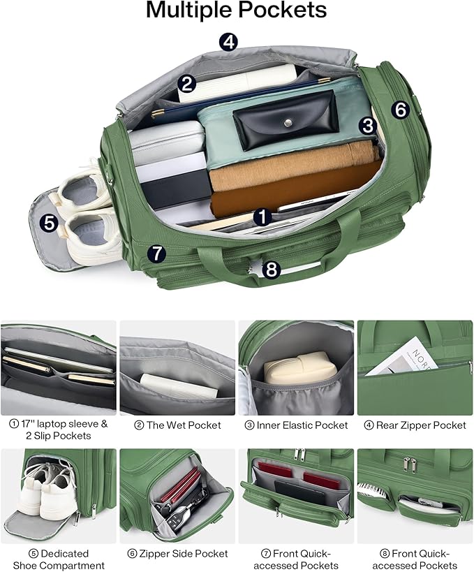 MILADA Carry On Luggage Bags for Travel Lightweight Personal Item Travel Bag Foldable Large Duffle Bag for Travel Tote Overnight Bags for Women Mens Weekender Bags, Forest Green
