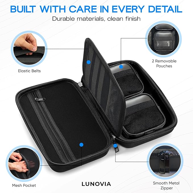 Hard Shell Tech Organizer – Protective Travel Case for Cables, Chargers & Accessories | Mid-Size Electronics Organizer with Removable Pouches