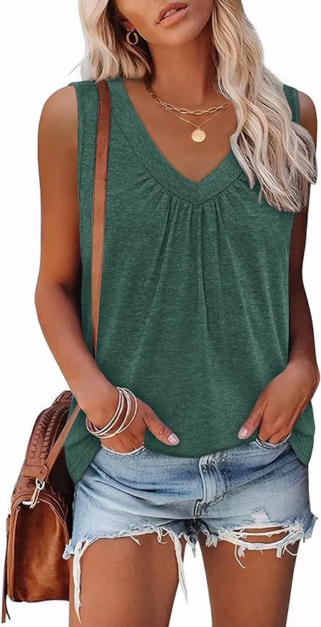 OFEEFAN Tank Top for Women Loose Fit Sleeveless Shirts V Neck Summer Clothes Ruched Women's Tees and Tanks Curved Hem