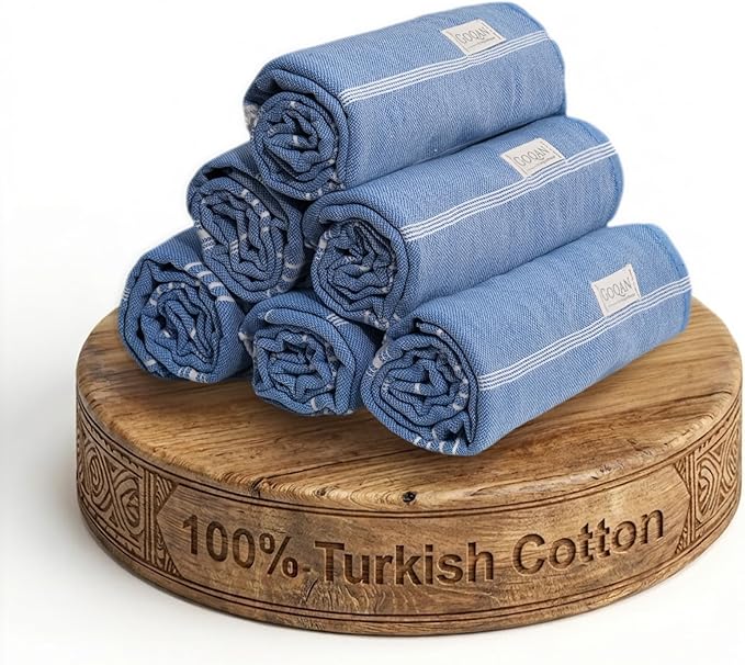 Goqan Turkish Beach Towels Oversized 6 Pack 39x71, Large Beach Blankets, 100% Cotton Sand Free, Quick Dry Pool Towel Set, Beach Essentials for Family on Airplane, Travel, Bag, Lightweight -Azure