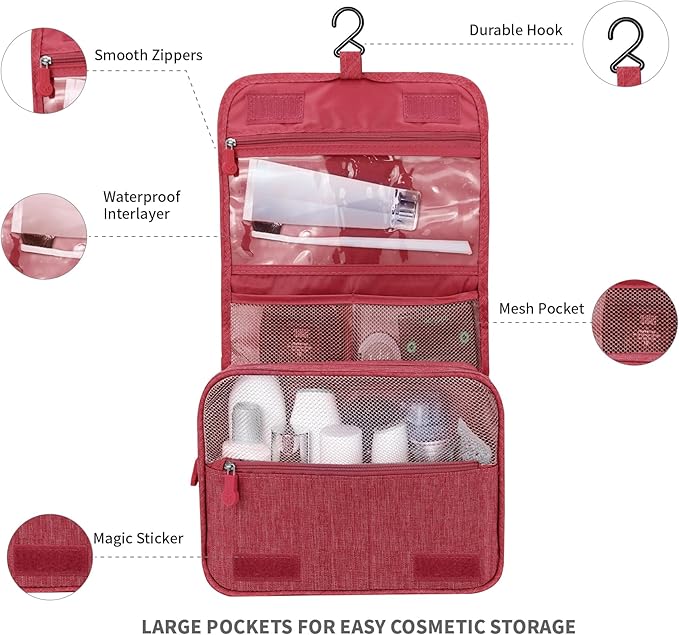 Lcsmaokin Large Capacity Toiletry Bag Travel Bag with Hanging Hook for Men and Women Waterproof Travel Cosmetic Bag Bathroom Storage Bag for Brushes Set, Full-Sized Shampoo, Toiletries, (Wine Red)