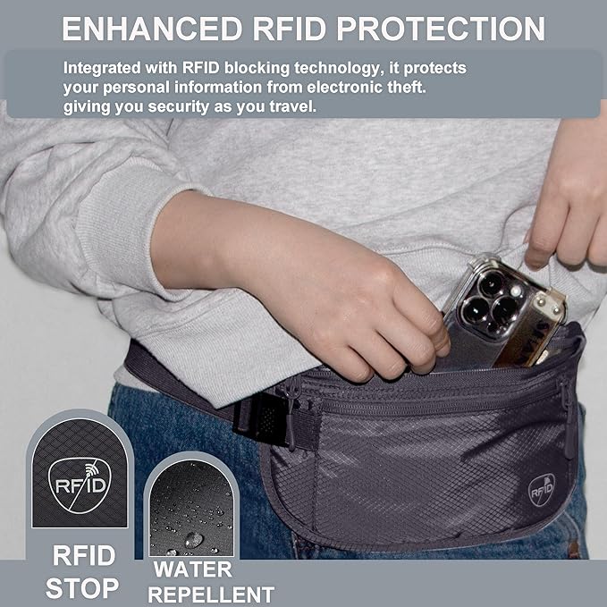 SUPACOOL Money Belt, Hidden Travel Wallet for Passport, RFID Blocking Passport Pouch, Undercover Fanny Pack(Grey)