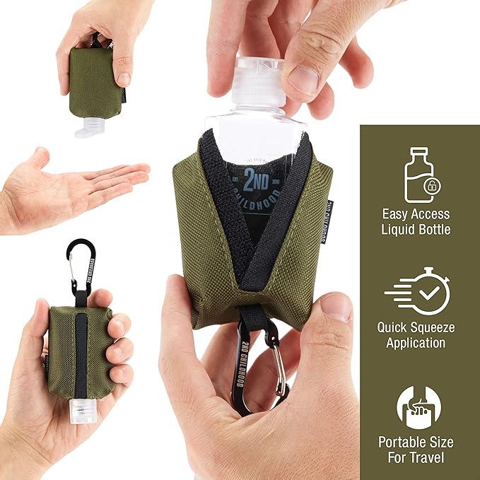 2nd Childhood Travel Hand Sanitizer Keychain – Small Refillable 2 oz Bottle with Clip-On Holder – Portable Sanitizer Case for Purse, Backpack, Gym Bag