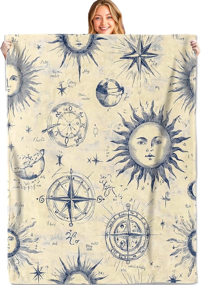 Vintage Sun and Compass Throw Blanket,40x50in,Soft,Lightweight Flannel,Nautical Celestial Retro Blankets - Gifts for Women,Astronomy Lover,for Couch Office Travel,Home Living Room Boho Decor
