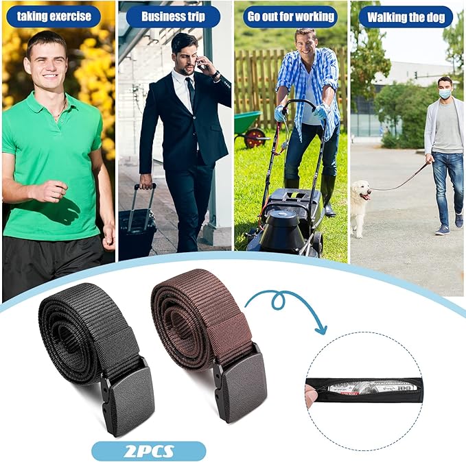 Eurzom 2 Pcs Money Belts for Men Hidden Money Pocket Travel Security Belts, Nylon Anti Theft Wallet with Plastic Buckle for Business Outdoor Working, Gift for Dad Men Boyfriend, Coffee and Black