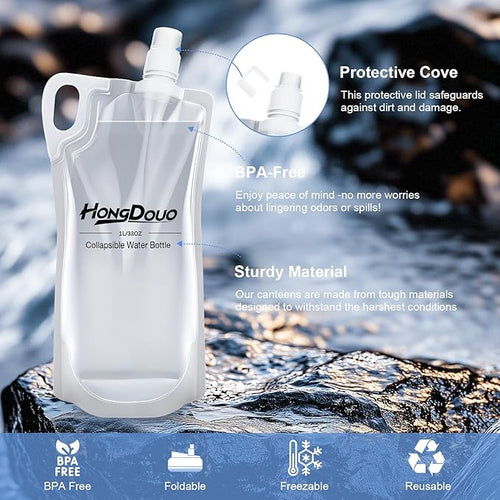 2 Pack Collapsible Water Bottles, 1L Hiking Water Flasks (2L Total) - 33oz BPA-Free Reusable Drink Bags With Carabiners and Handles, Squeeze Water through a Filter or Use as Water Bottles
