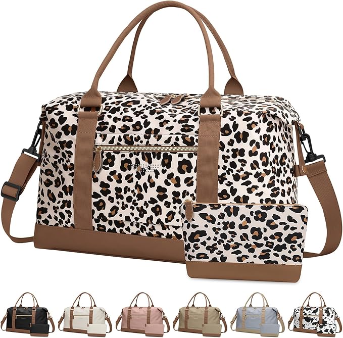 ELONGRIVER Travel Duffle Bag for Women, Weekender Bags, Hospital Bag for Labor Delivery, Lightweight Tote Duffel Overnight Bag with Luggage Sleeve, Airplane Travel Bags with Toiletry Bag,Large,Leopard
