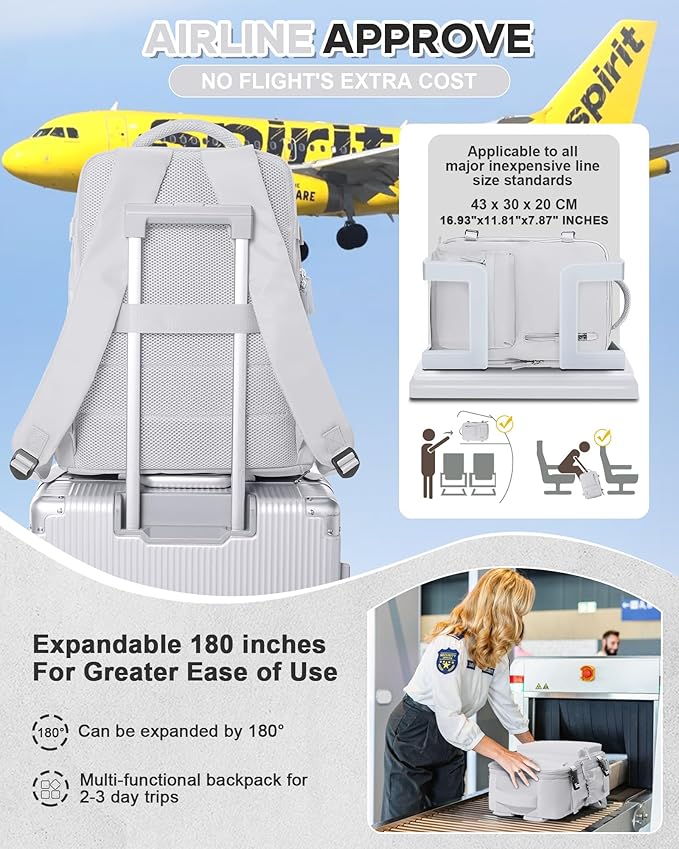 VECAVE Carry On Backpack for Women, Airline Approved Personal Item Large Travel Backpack Flight Approved, Waterproof Laptop Bag Business Work Gym Backpacks Men Grey Mochila De Viaje