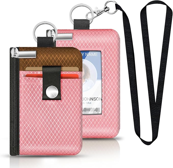 Minimalist RFID Blocking Small Wallet with ID Window,WaterResistant Zip Id Case Wallet with Lanyard Keychain for Cards,Cash,Travel,Women,Men (Pink/Brown)