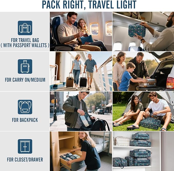 Veken 8 Set Packing Cubes for Travel Essentials, Suitcase Organizer Bags in 4 Sizes, Carry-On Luggage Accessories with Large Laundry Bag & Passport Holder, Must-Have for Airplane, Road Trip & Camping