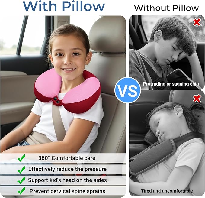 COOLBEBE Kids Travel Neck Pillow, Softly Double Support Travel Pillow for Car & Airplane, Traveling Gifts for Toddler & Children, Breathable Fabric, Raspberry Powder