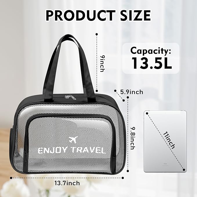 BuyCard Chenille Letter Patch Clear Travel Bags, Preppy PVC&Nylon Makeup Bag with Handle and Zipper, Waterproof Large Clear Travel Toiletry Bag Storage Bag for Women Girls