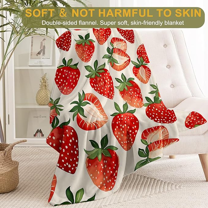 Strawberry Flannel Blanket - Fresh Sweet Summer Fruit Berry Throw - Lightweight Soft Cozy Gifts Blankets for Kids Adult,Modern Home Room Picnic Bedroom Rustic Country Decor 50x60in