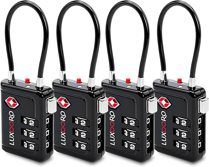 TSA Approved Luggage Lock with Alert Indicator, 3-Digit Resettable Combination, Durable Zinc Alloy Travel Lock for Suitcase, Backpack, Toolbox, Locker, All-Propose, keyless – Black (4 Pack)