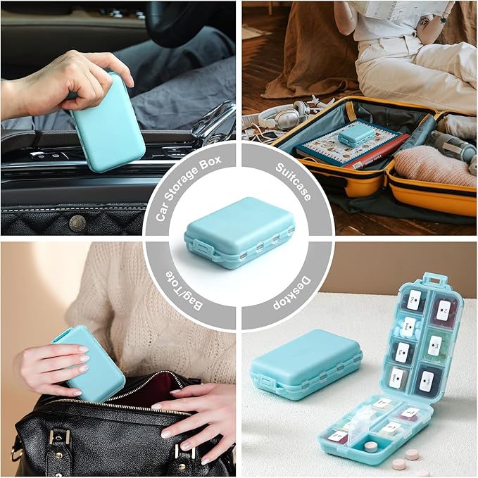 14 GRIDS Travel Pill Organizer Box with Labels - Travel Medicine Case Kit - Pocket Daily Pharmacy Container - Travel Medication Holder Dispenser for Fish Oil Vitamin Supplement Storage - Sky Blue