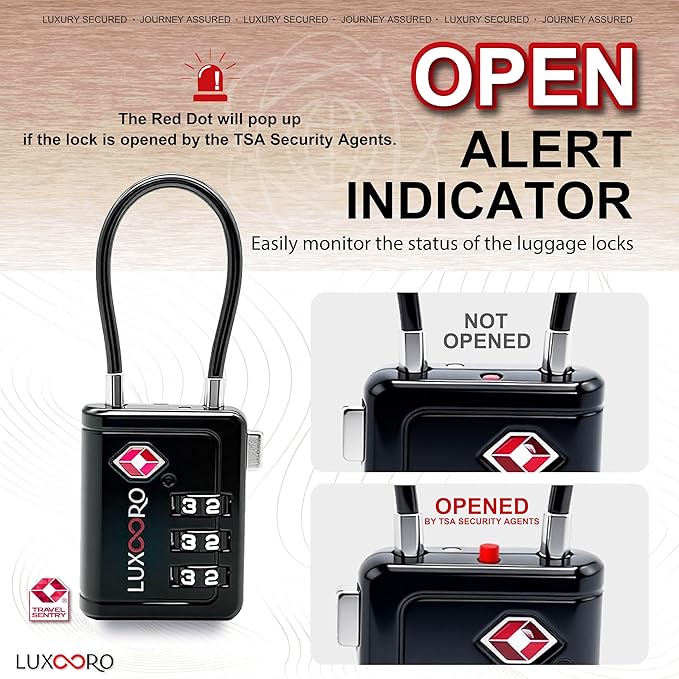 TSA Approved Luggage Lock with Alert Indicator, 3-Digit Resettable Combination, Durable Zinc Alloy Travel Lock for Suitcase, Backpack, Toolbox, Locker, All-Propose, keyless – Black (2 Pack)