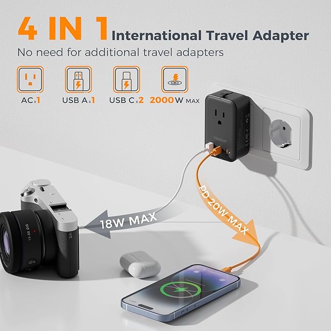 TESSAN International Power Adapter PD 20W, Ultra Thin Universal Adapter, Worldwide Outlet Plug with 2 USB C 1 USB A for US to Europe UK Spain Australia France Germany Thailand (Type C G A I), Black