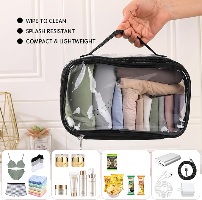 BORMELUN Large Clear travel bags for toiletries pouches carry on reusable,purse see-through plastic pvc TSA airport approved with handle (Black)